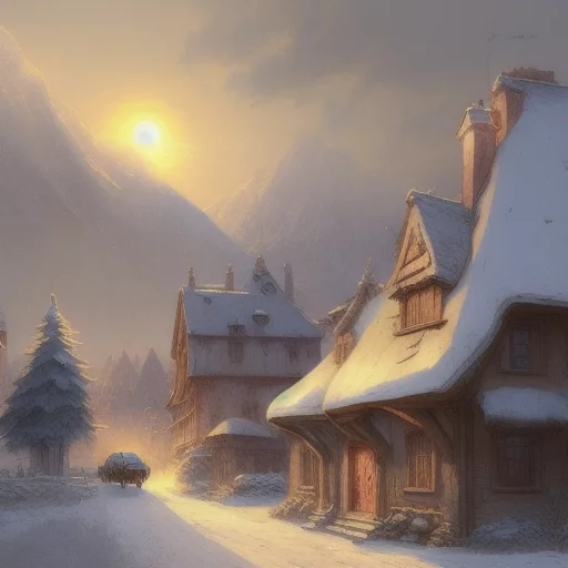 487779749-the sun rises over the small snowy village, mountains in the distance snowy,  drawing,  cartoon comic, art by Anton Pieck, in th.webp